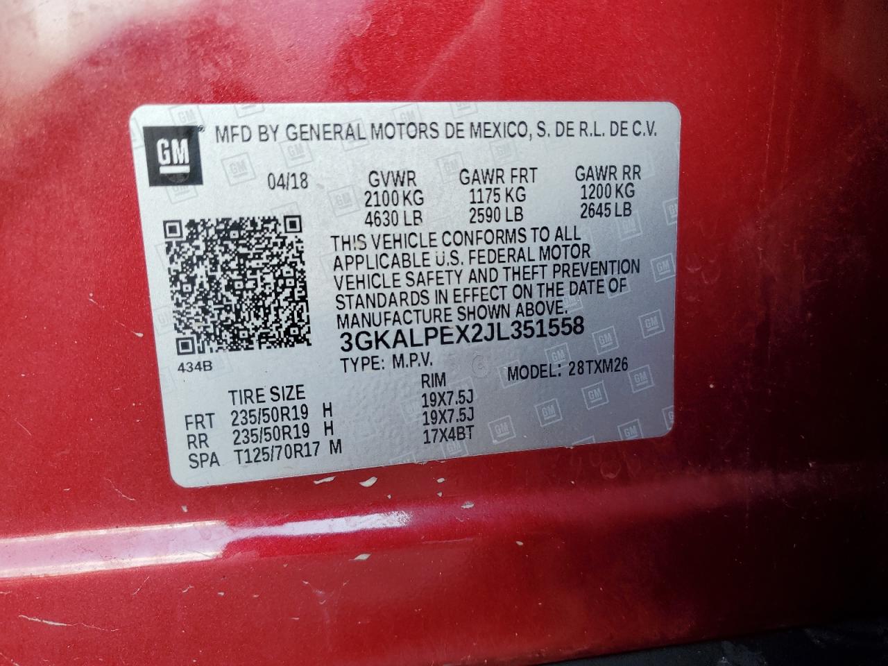 2018 GMC Terrain VIN 3GKALPEX2JL351558 Copart auction photo, front end damage thumbnail 13
