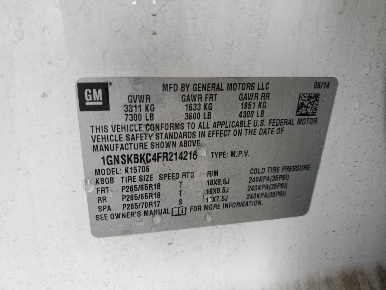 2015 Chevrolet Tahoe VIN 1GNSKBKC4FR214216 Copart auction photo, front end damage thumbnail 15