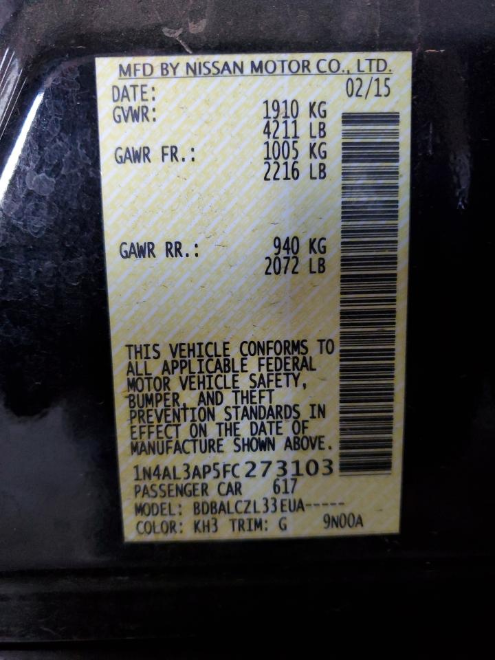 2015 Nissan Altima VIN 1N4AL3AP5FC273103 Copart auction photo, rear end damage thumbnail 12
