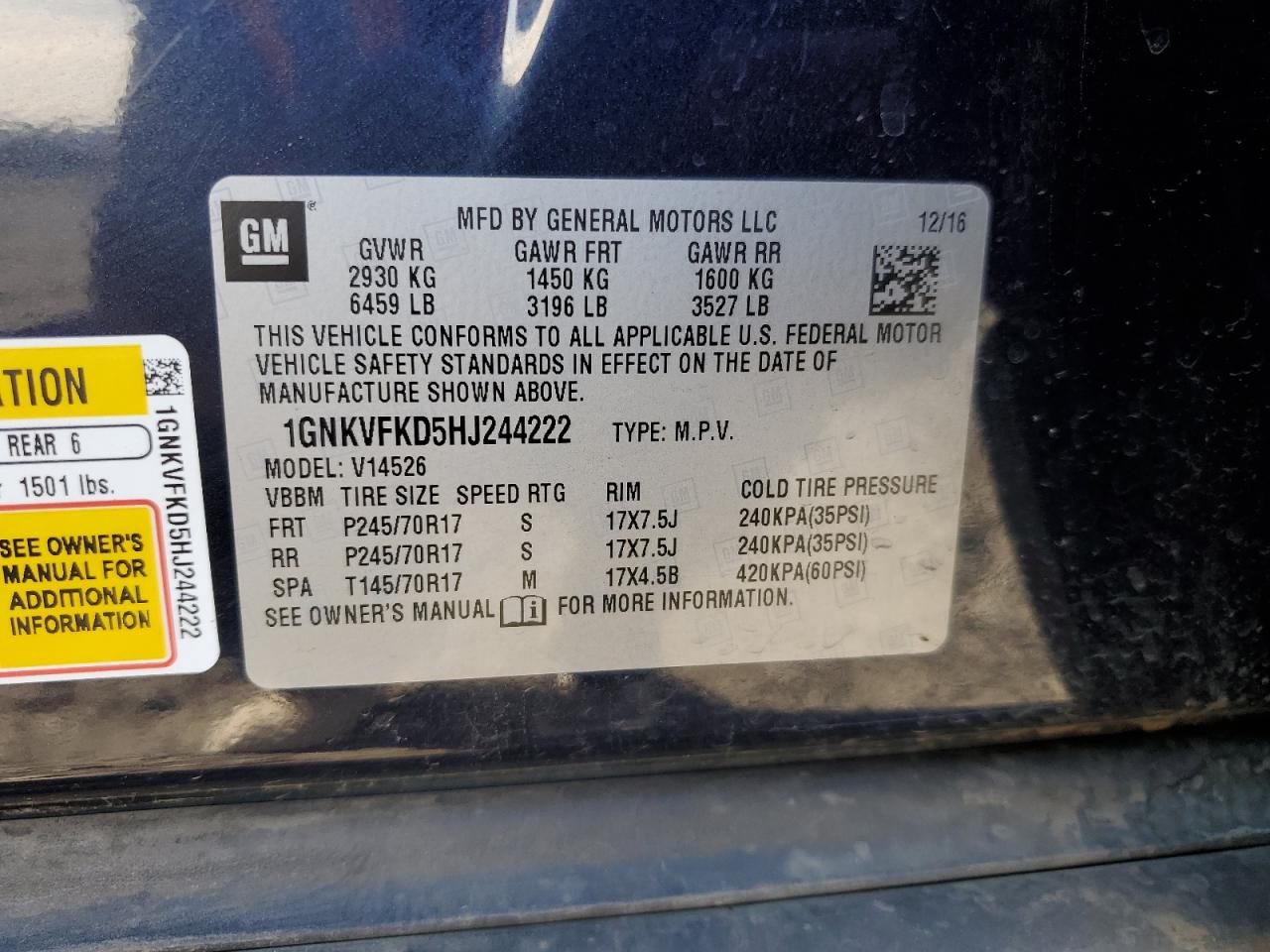 2017 Chevrolet Traverse VIN 1GNKVFKD5HJ244222 Copart auction photo, front end damage thumbnail 15
