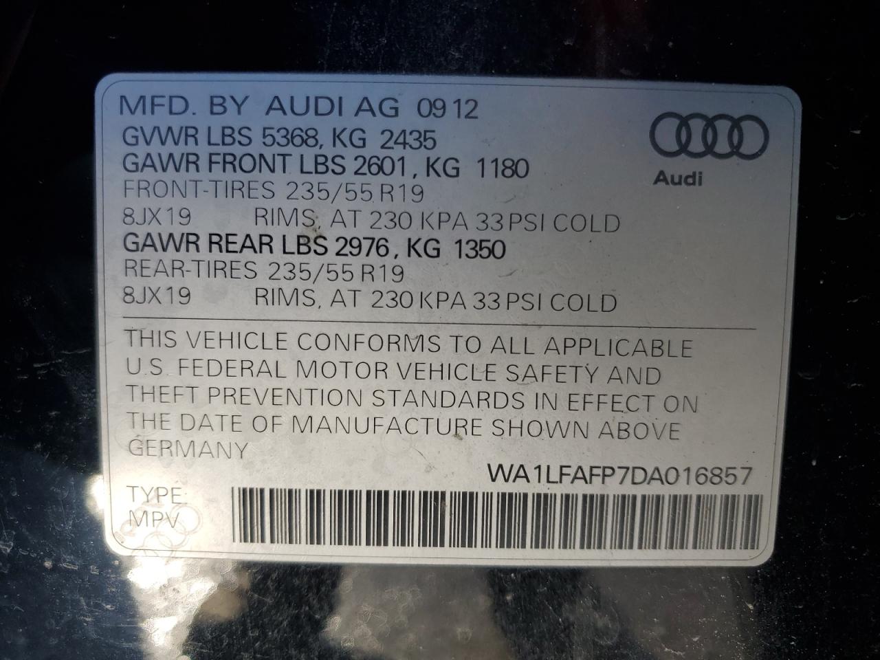 2013 Audi Q5 VIN WA1LFAFP7DA016857 Copart auction photo, front end / undercarriage damage thumbnail 13