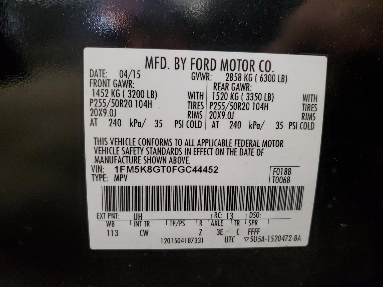 2015 Ford Explorer VIN 1FM5K8GT0FGC44452 Copart auction photo, front end / side damage thumbnail 13