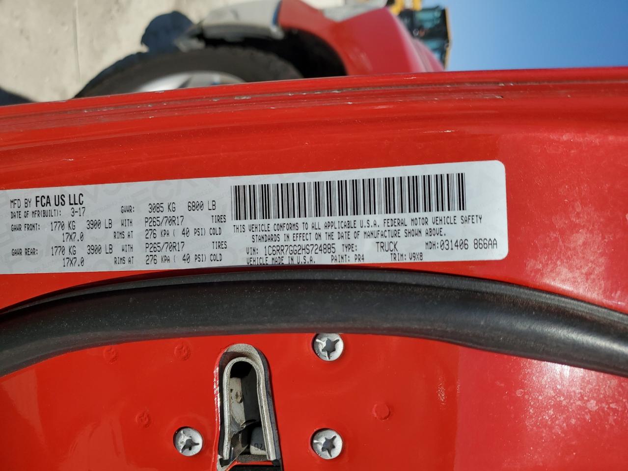 2017 RAM 1500 VIN 1C6RR7GG2HS724885 Copart auction photo, side / rear end damage thumbnail 13