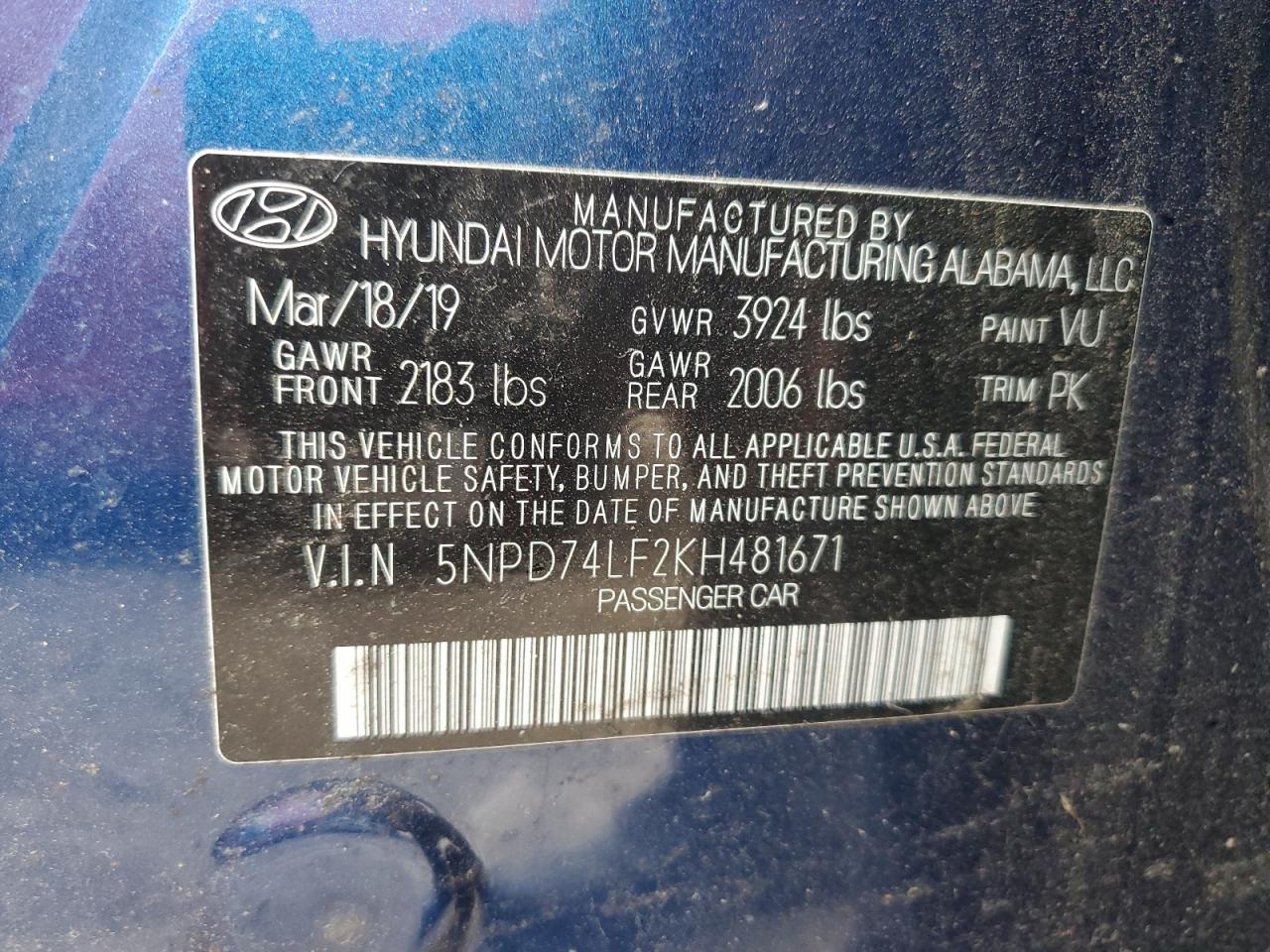 2019 Hyundai Elantra VIN 5NPD74LF2KH481671 Copart auction photo, rear end / mechanical damage thumbnail 13