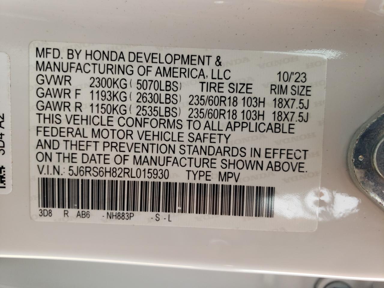 2024 Honda CR-V VIN 5J6RS6H82RL015930 Copart auction photo, front end / side damage thumbnail 13