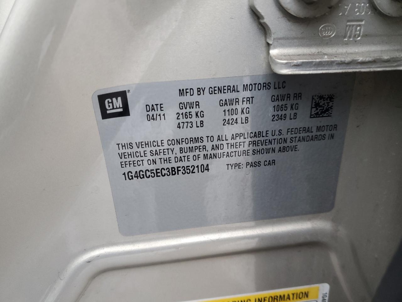 2011 Buick LaCrosse VIN 1G4GC5EC3BF352104 Copart auction photo, front end / side damage thumbnail 12