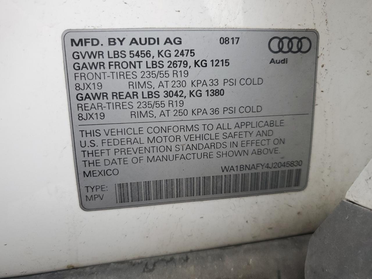 2018 Audi Q5 VIN WA1BNAFY4J2045830 Copart auction photo, front end / rear end damage thumbnail 14