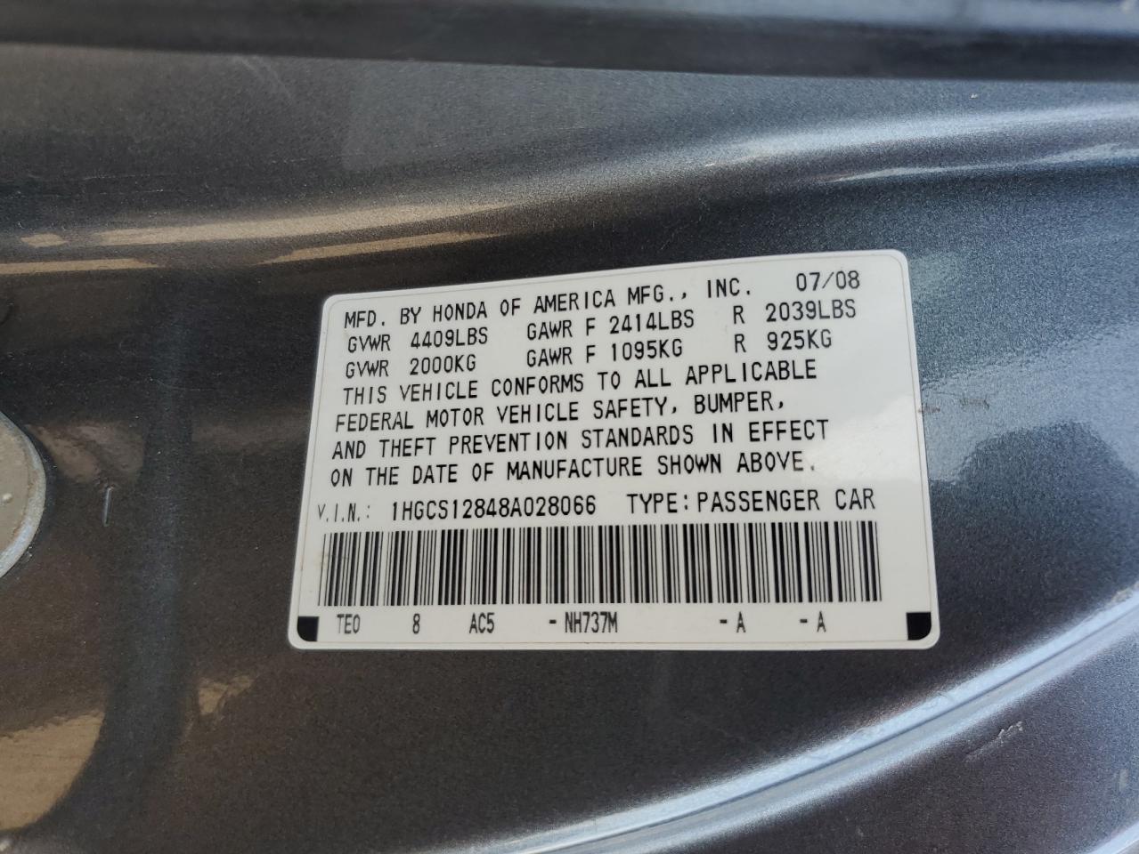 2008 Honda Accord VIN 1HGCS12848A028066 Copart auction photo, all over damage thumbnail 13