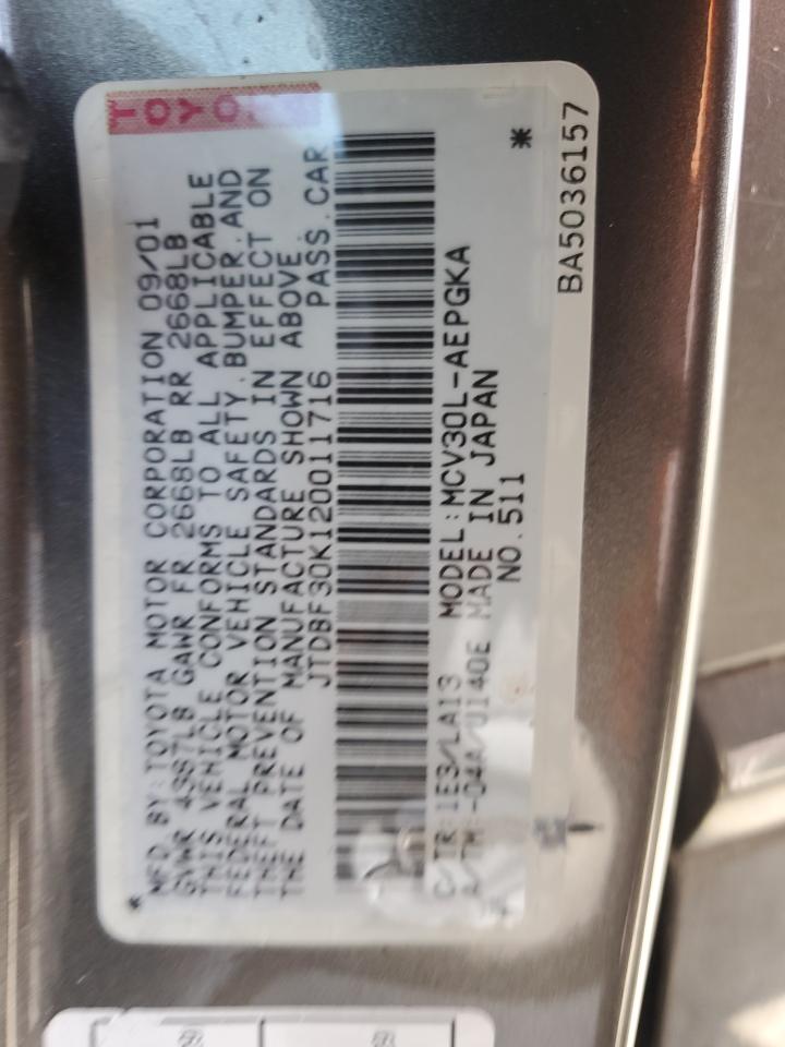 2002 Toyota Camry VIN JTDBF30K120011716 Copart auction photo, front end damage thumbnail 13