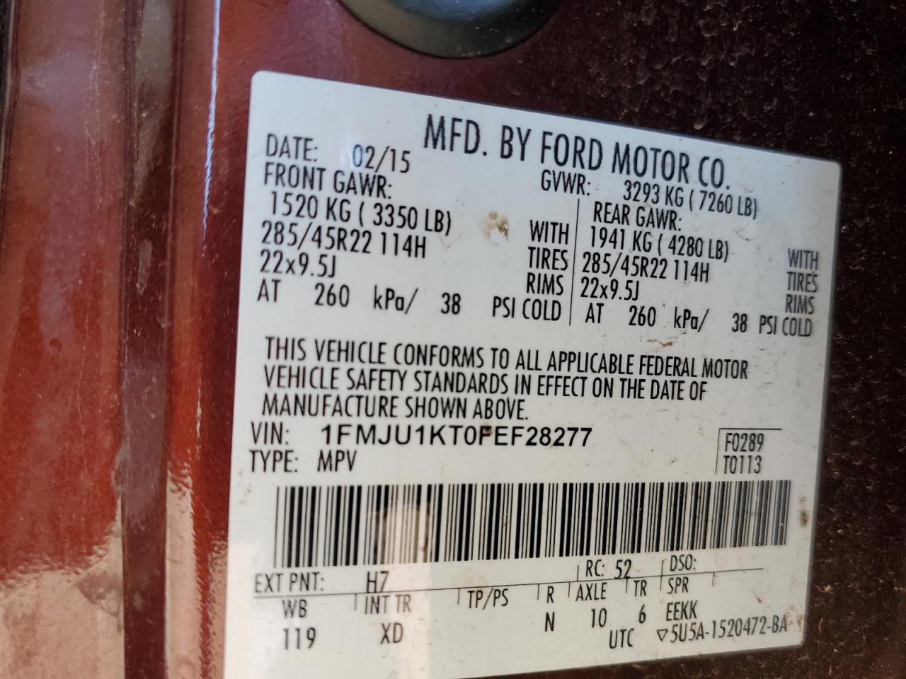 2015 Ford Expedition VIN 1FMJU1KT0FEF28277 Copart auction photo, rear end / side damage thumbnail 14