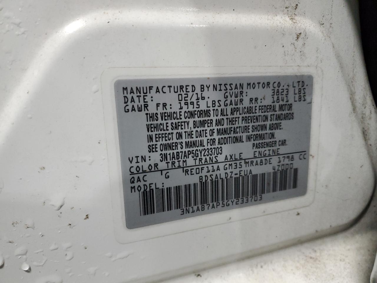 2016 Nissan Sentra VIN 3N1AB7AP5GY233703 Copart auction photo, front end damage thumbnail 14