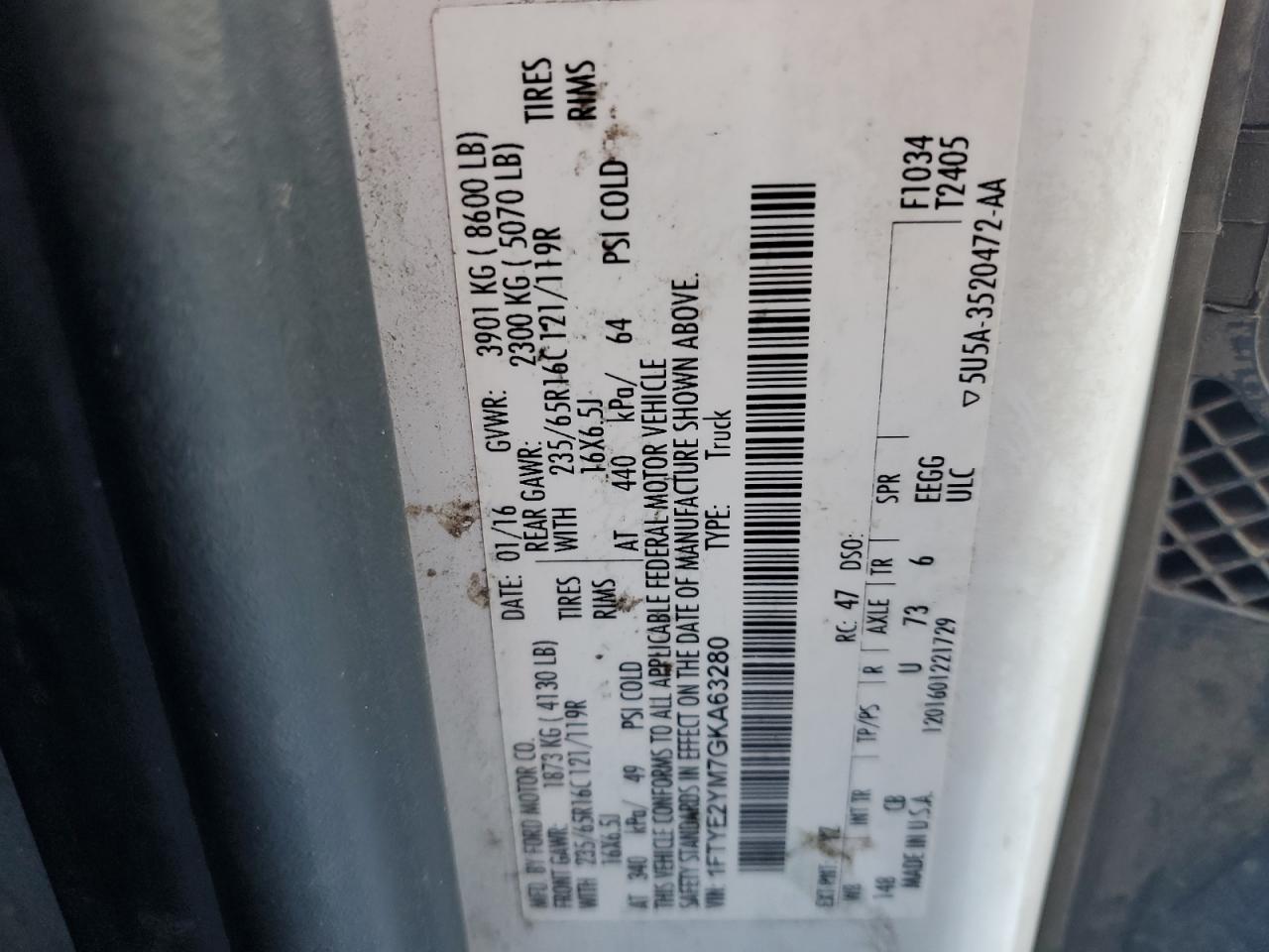 2016 Ford Transit VIN 1FTYE2YM7GKA63280 Copart auction photo, front end / rear end damage thumbnail 13