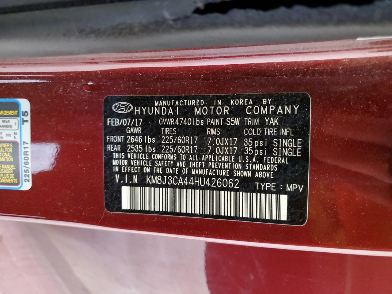 2017 Hyundai Tucson VIN KM8J3CA44HU426062 Copart auction photo, all over / undercarriage damage thumbnail 15