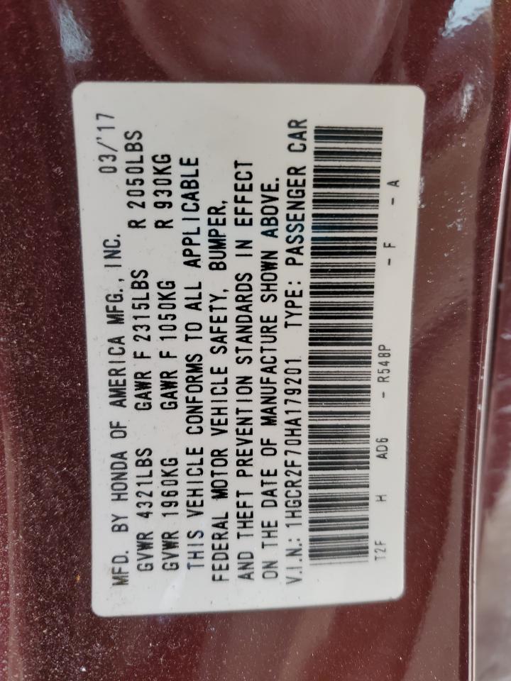 2017 Honda Accord VIN 1HGCR2F70HA179201 Copart auction photo, rear end damage thumbnail 14