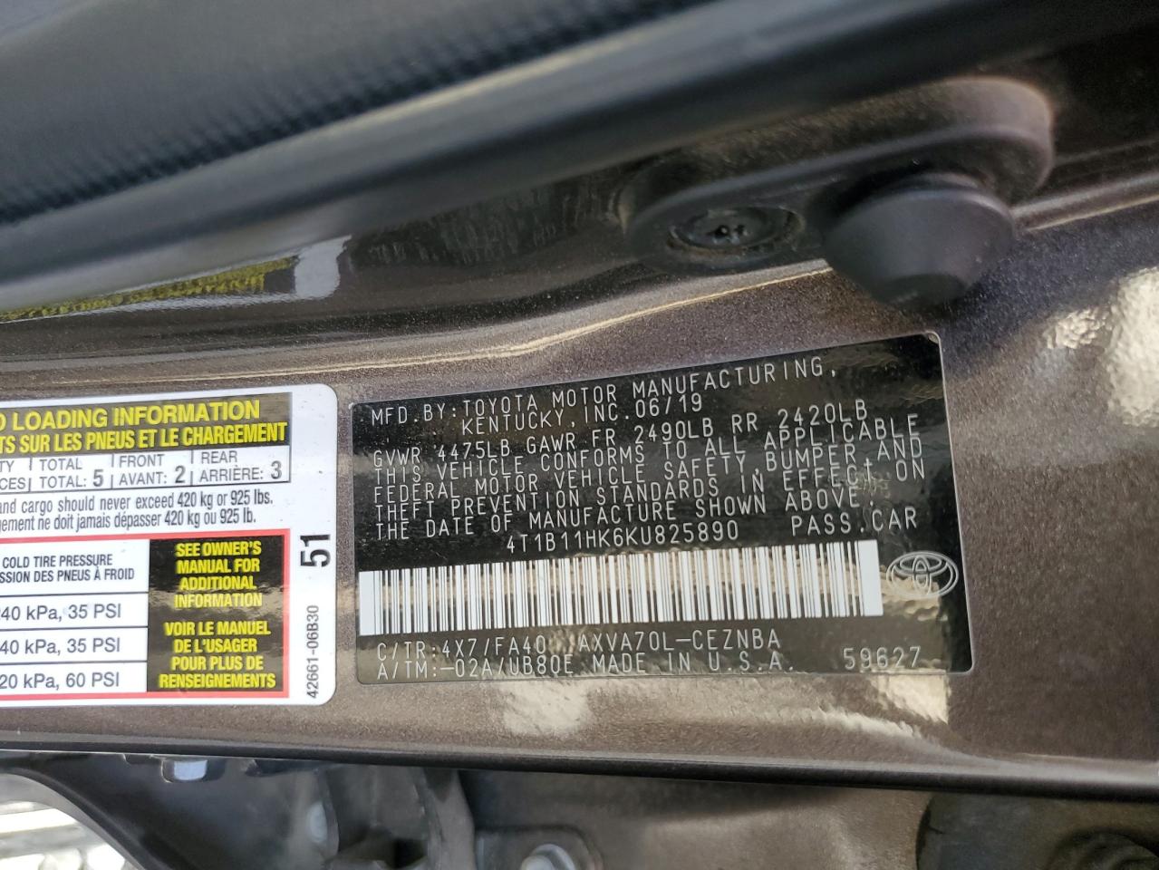 2019 Toyota Camry VIN 4T1B11HK6KU825890 Copart auction photo, front end damage thumbnail 23
