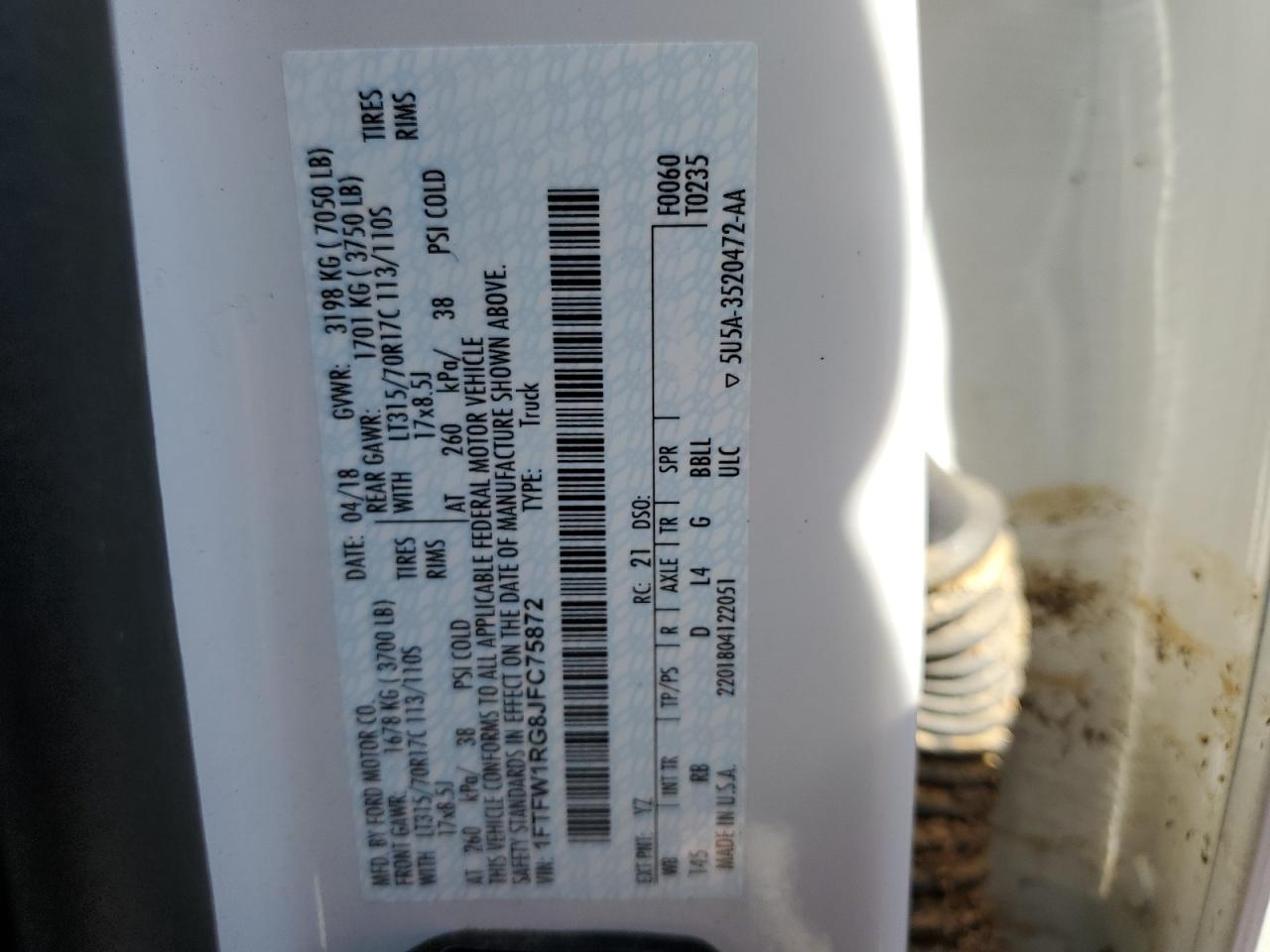 2018 Ford F-150 VIN 1FTFW1RG8JFC75872 Copart auction photo, water/flood damage thumbnail 13