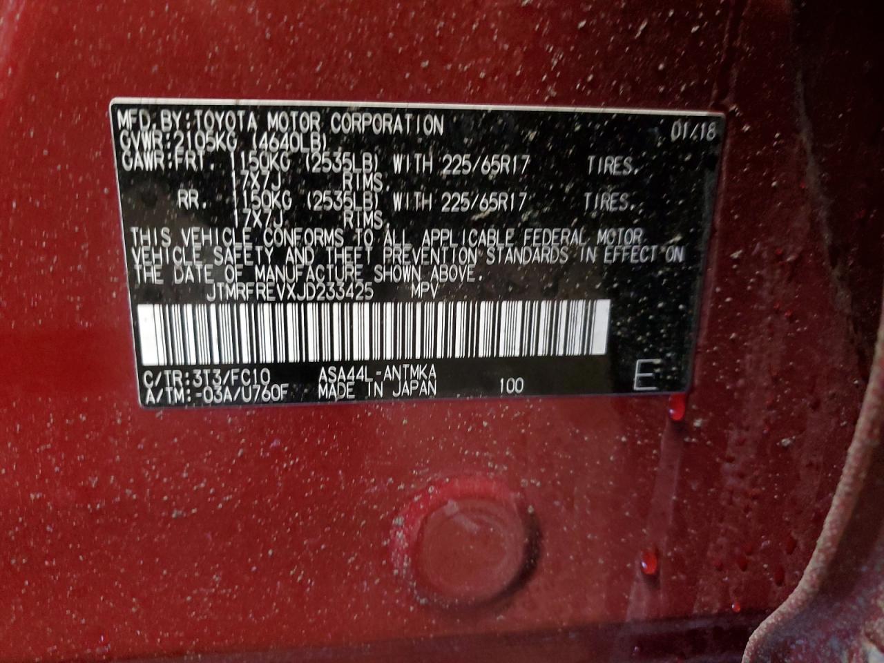 2018 Toyota RAV 4 VIN JTMRFREVXJD233425 Copart auction photo, front end / side damage thumbnail 13
