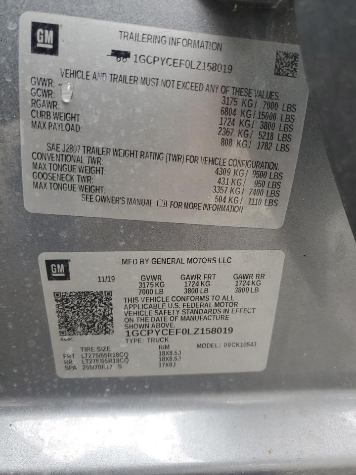 2020 Chevrolet Silverado VIN 1GCPYCEF0LZ158019 Copart auction photo, front end damage thumbnail 14