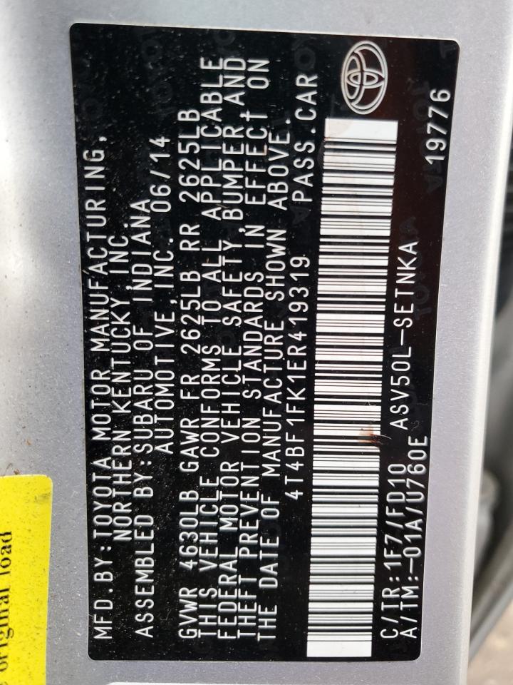 2014 Toyota Camry VIN 4T4BF1FK1ER419319 Copart auction photo, front end / side damage thumbnail 12