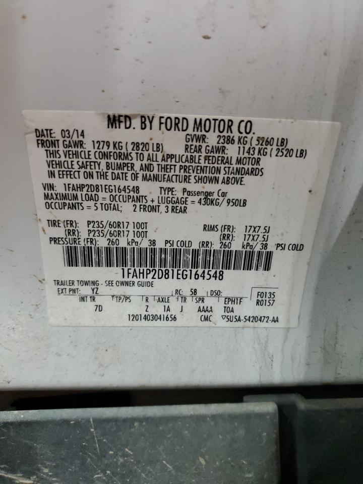 2014 Ford Taurus VIN 1FAHP2D81EG164548 Copart auction photo, side / front end damage thumbnail 12