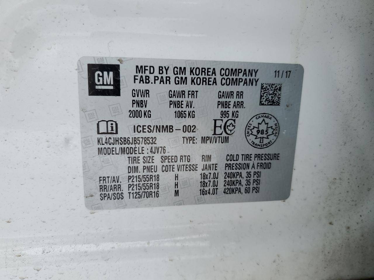 2018 Buick Encore VIN KL4CJHSB6JB578532 Copart auction photo, front end / side damage thumbnail 14
