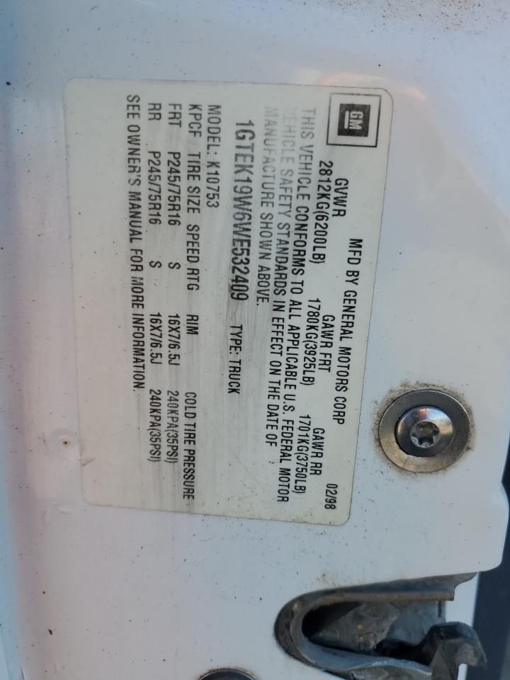 1998 GMC Sierra VIN 1GTEK19W6WE532409 Copart auction photo, front end damage thumbnail 13