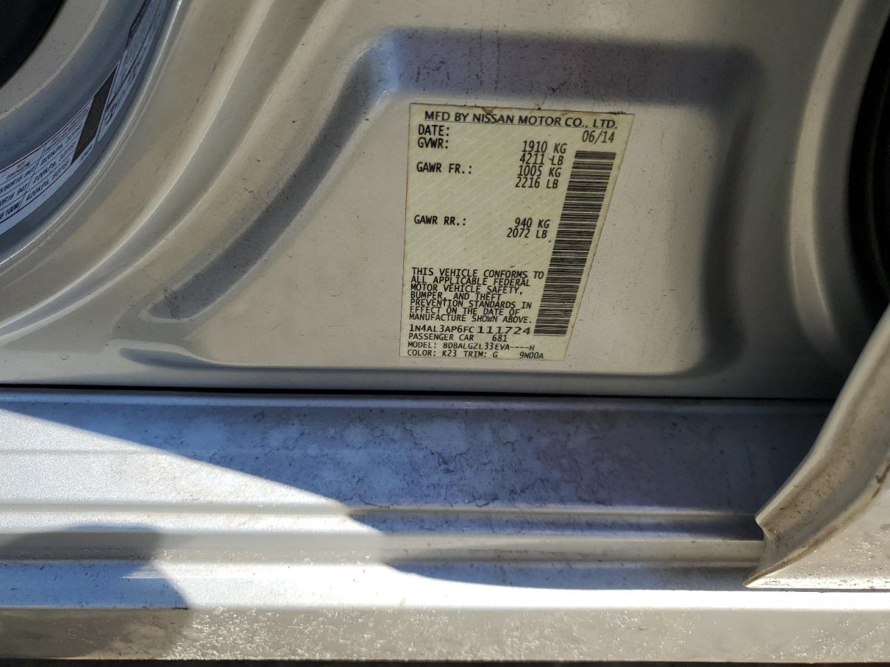 2015 Nissan Altima VIN 1N4AL3AP6FC111724 Copart auction photo, side / rear end damage thumbnail 12