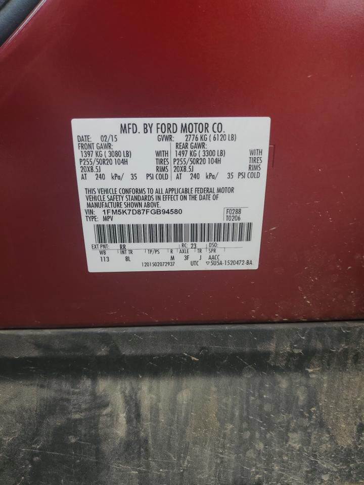 2015 Ford Explorer VIN 1FM5K7D87FGB94580 Copart auction photo, side damage thumbnail 13