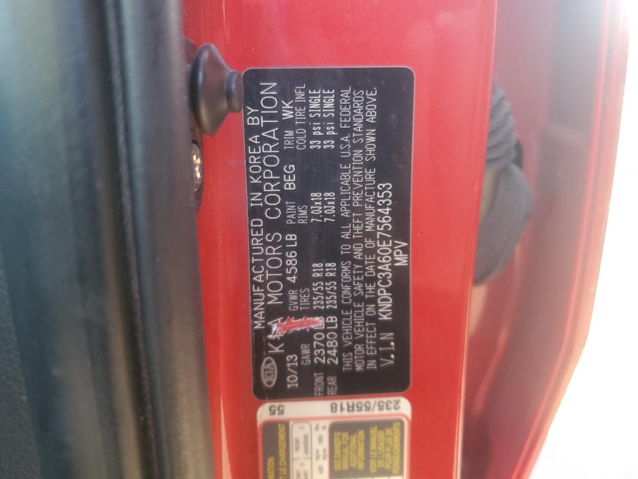 2014 KIA Sportage VIN KNDPC3A60E7564353 Copart auction photo, front end damage thumbnail 13