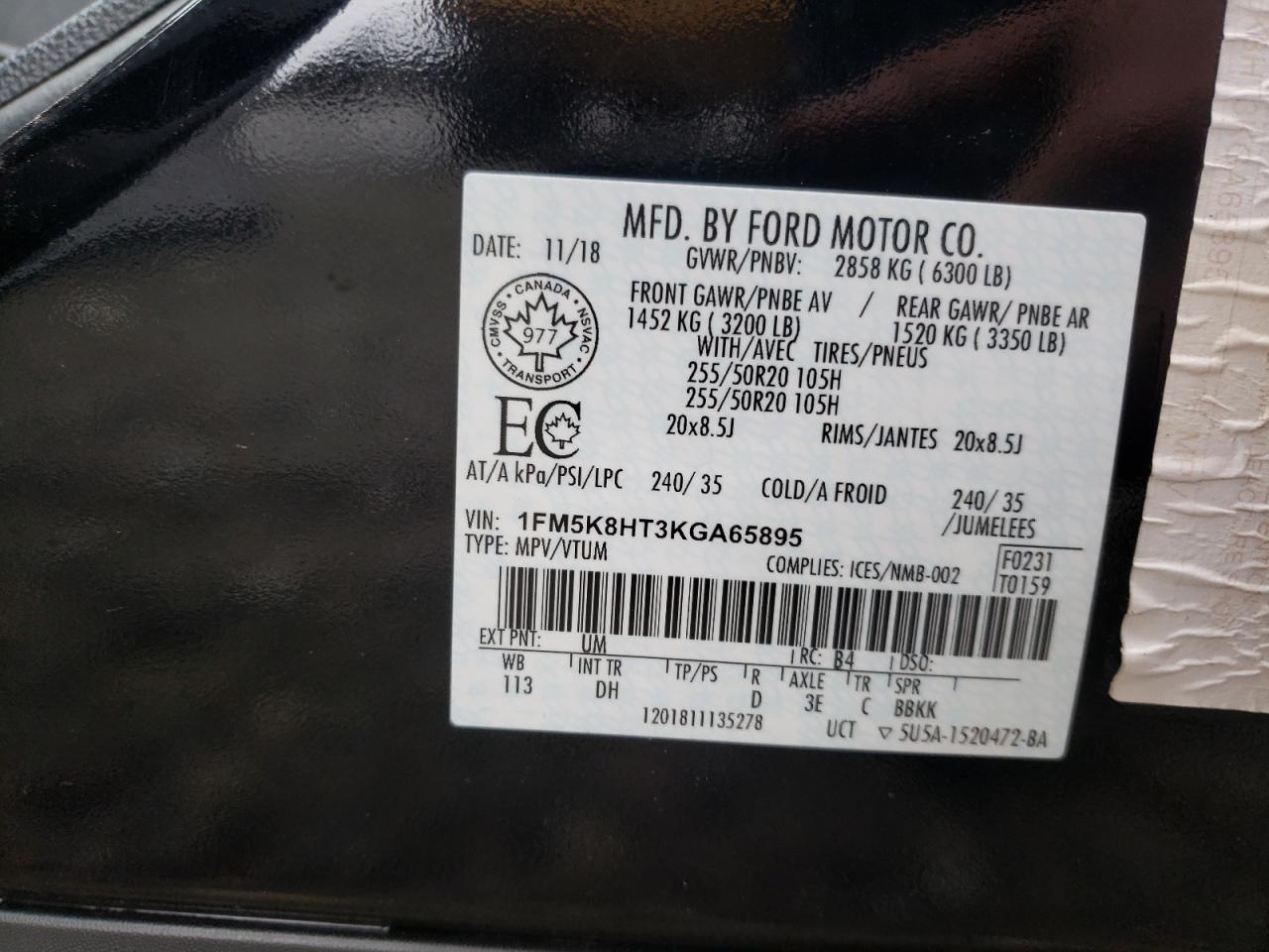 2019 Ford Explorer VIN 1FM5K8HT3KGA65895 Copart auction photo, front end damage thumbnail 13