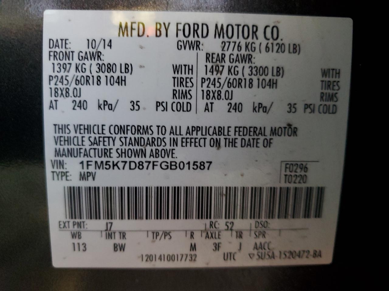 2015 Ford Explorer VIN 1FM5K7D87FGB01587 Copart auction photo, front end / minor dent/scratches damage thumbnail 13