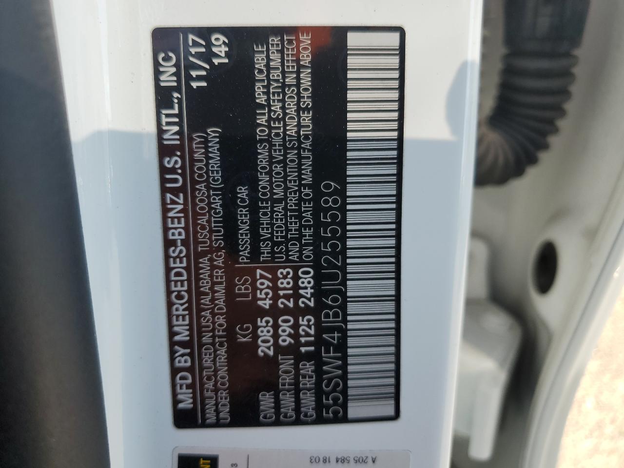 2018 Mercedes-Benz C-klasse VIN 55SWF4JB6JU255589 Copart auction photo, front end damage thumbnail 12