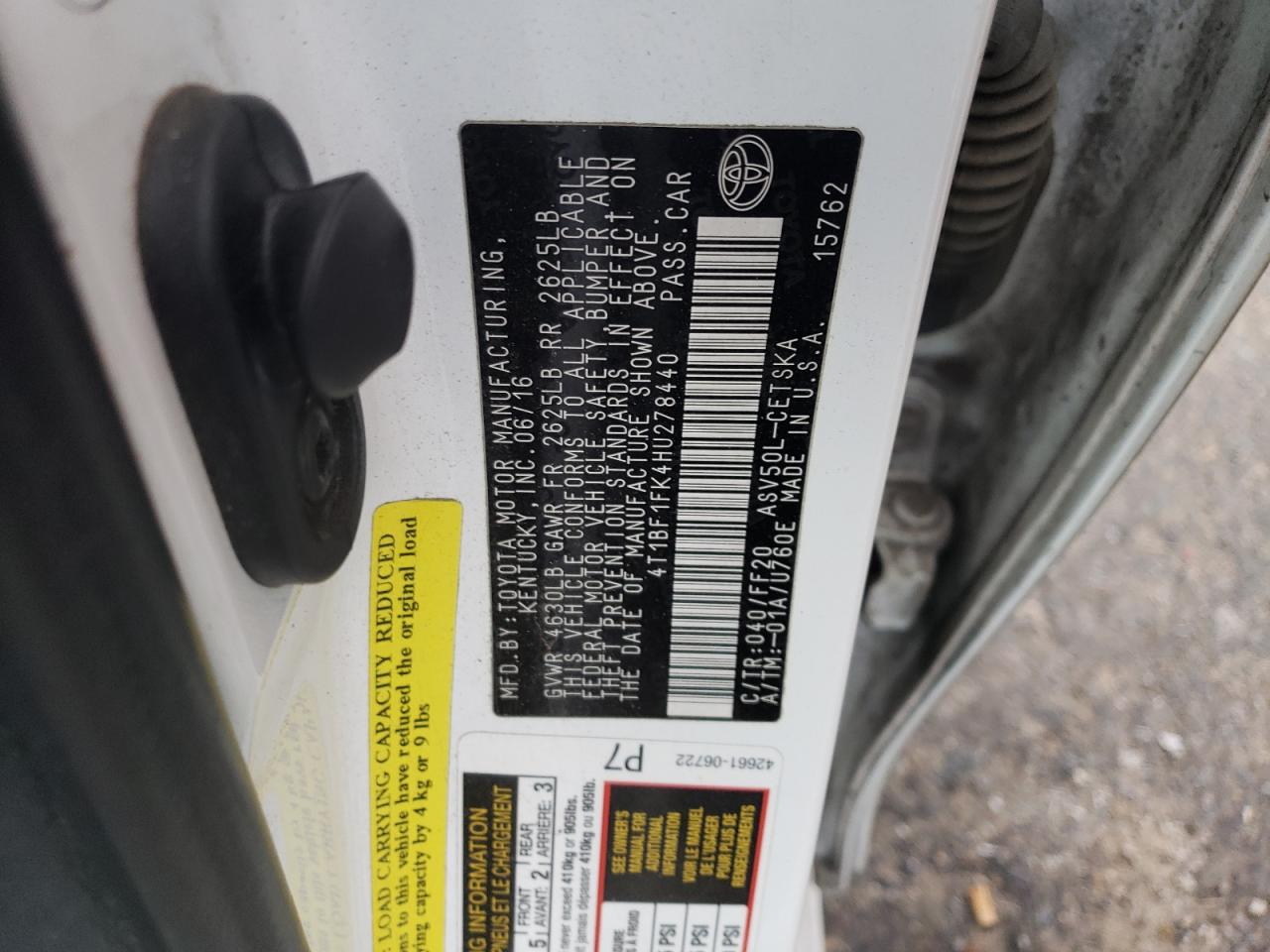 2017 Toyota Camry VIN 4T1BF1FK4HU278440 Copart auction photo, front end damage thumbnail 15