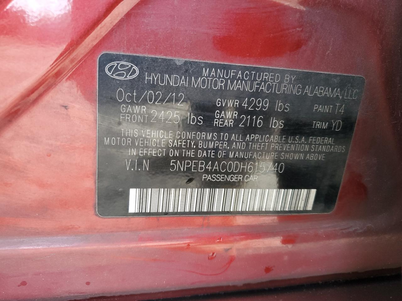 2013 Hyundai Sonata VIN 5NPEB4AC0DH615740 Copart auction photo, front end damage thumbnail 12