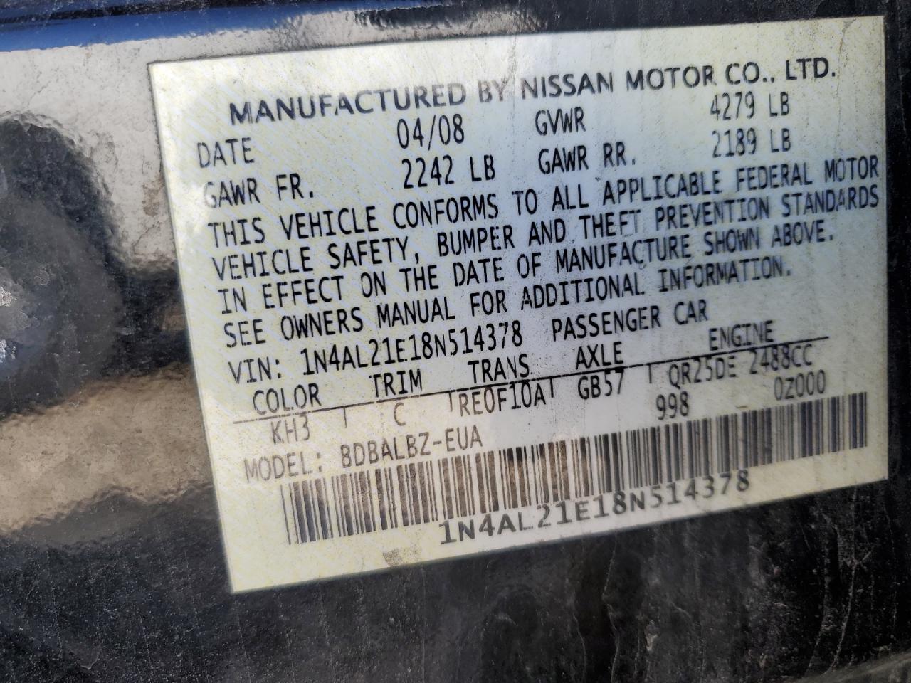 2008 Nissan Altima VIN 1N4AL21E18N514378 Copart auction photo, front end damage thumbnail 14