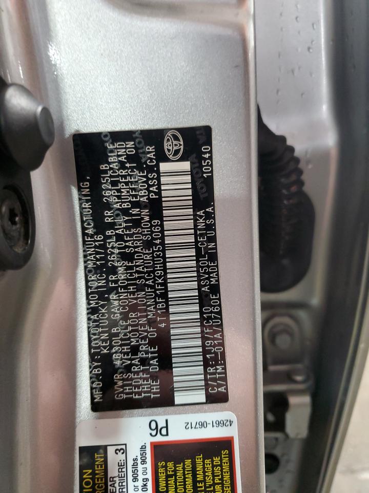 2017 Toyota Camry VIN 4T1BF1FK9HU354069 Copart auction photo, front end / rear end damage thumbnail 14