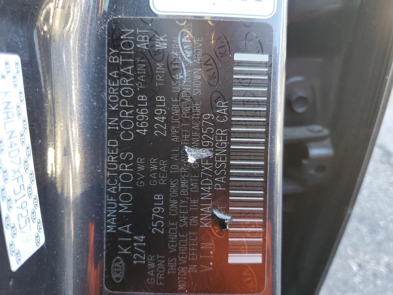 2015 KIA Cadenza VIN KNALN4D7XF5192579 Copart auction photo, front end damage thumbnail 12