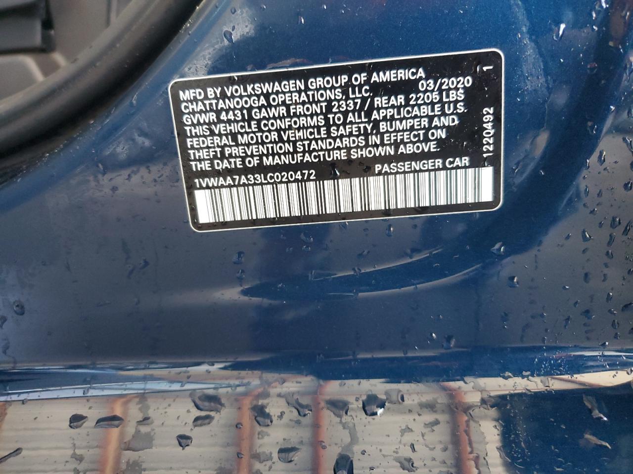 2020 Volkswagen Passat VIN 1VWAA7A33LC020472 Copart auction photo, mechanical damage thumbnail 12
