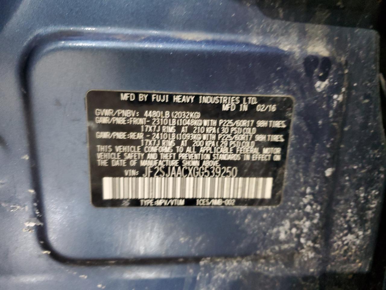 2016 Subaru Forester VIN JF2SJAACXGG539250 Copart auction photo, rear end / front end damage thumbnail 12