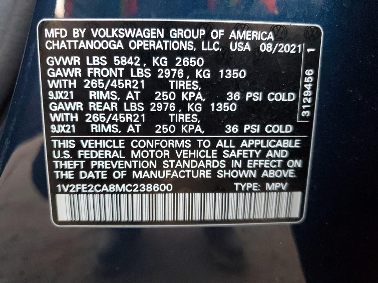 2021 Volkswagen Atlas VIN 1V2FE2CA8MC238600 Copart auction photo, front end / rear end damage thumbnail 14