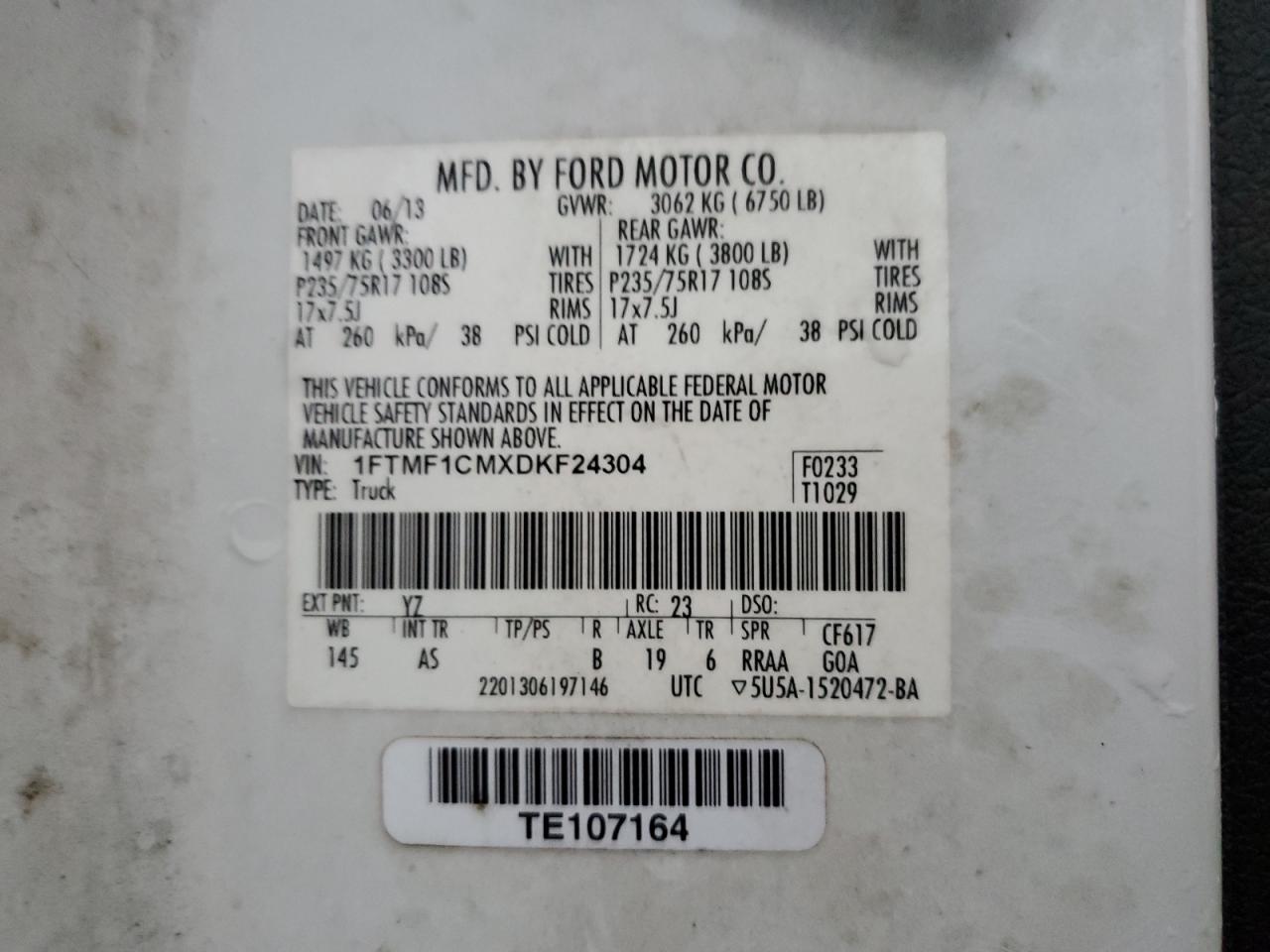 2013 Ford F-150 VIN 1FTMF1CMXDKF24304 Copart auction photo, front end damage thumbnail 12