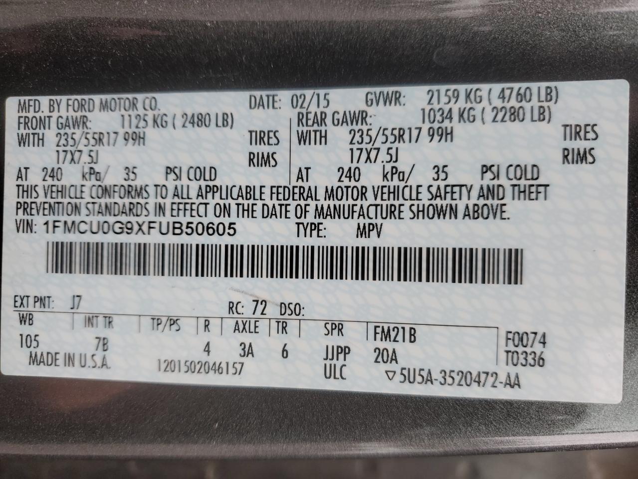 2015 Ford Escape VIN 1FMCU0G9XFUB50605 Copart auction photo, front end / minor dent/scratches damage thumbnail 14