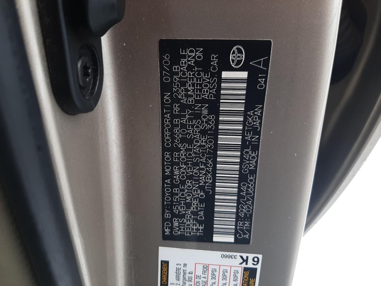 2007 Toyota Camry VIN JTNBK46K173011368 Copart auction photo, front end damage thumbnail 12