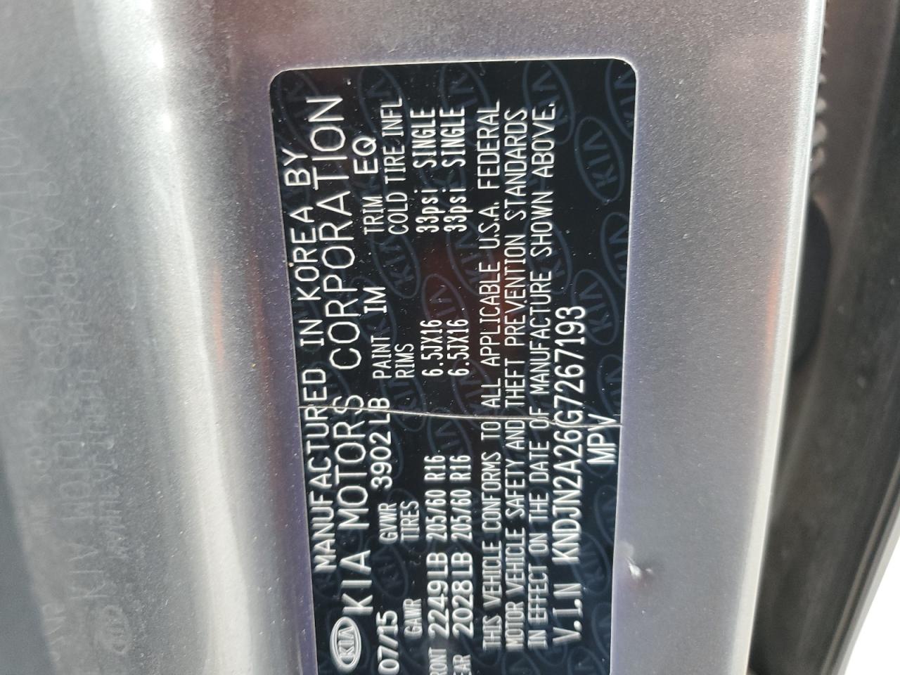 2016 KIA Soul VIN KNDJN2A26G7267193 Copart auction photo, rear end damage thumbnail 14