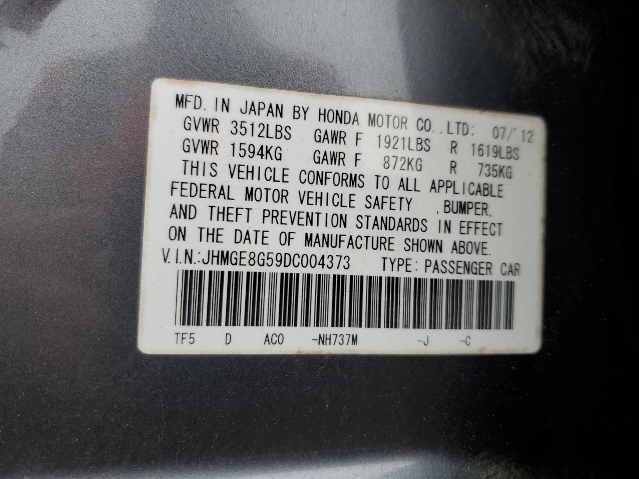 2013 Honda Fit VIN JHMGE8G59DC004373 Copart auction photo, front end damage thumbnail 12