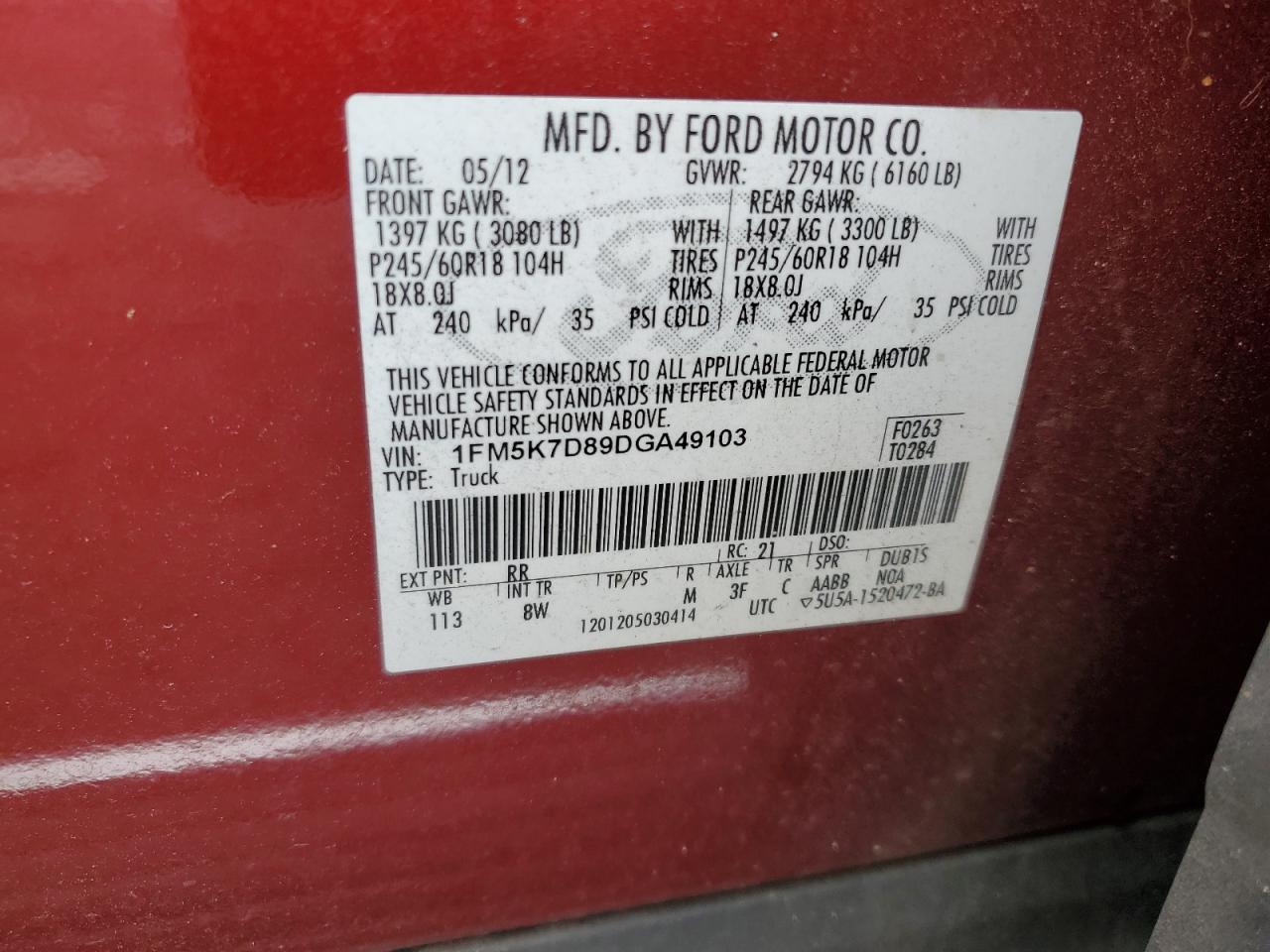 2013 Ford Explorer VIN 1FM5K7D89DGA49103 Copart auction photo, front end damage thumbnail 14