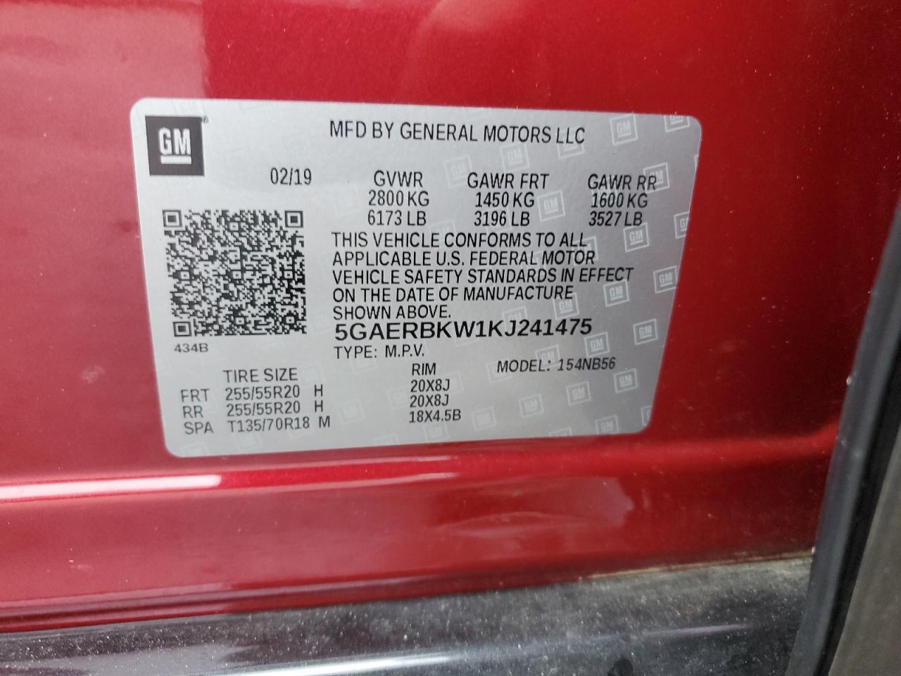 2019 Buick Enclave VIN 5GAERBKW1KJ241475 Copart auction photo, rear end damage thumbnail 13