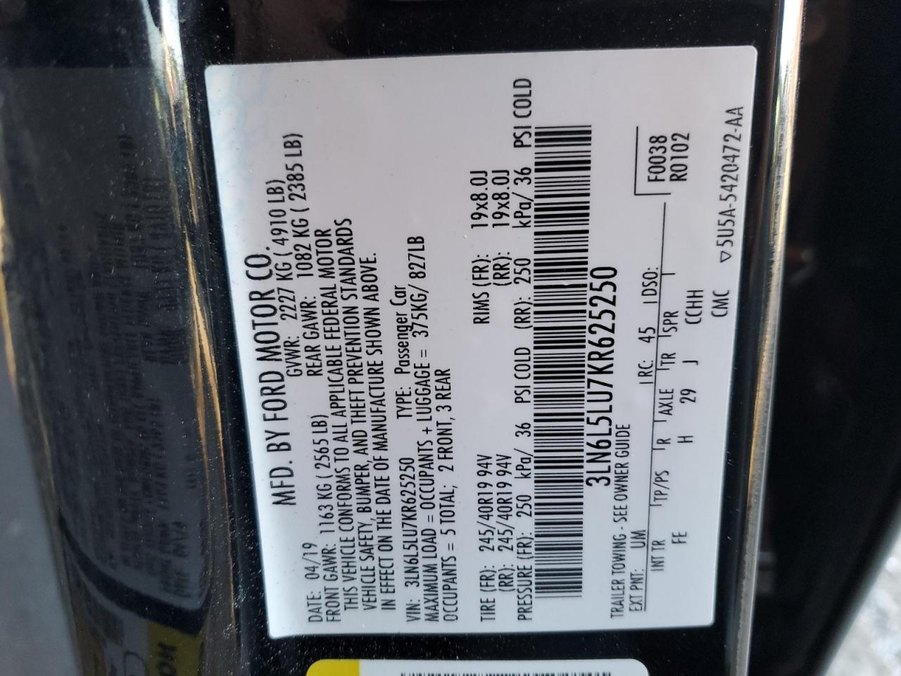 2019 Lincoln MKZ VIN 3LN6L5LU7KR625250 Copart auction photo, front end / mechanical damage thumbnail 12