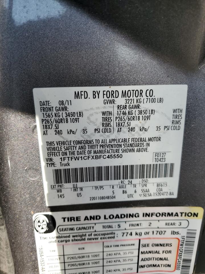 2011 Ford F-150 VIN 1FTFW1CFXBFC45550 Copart auction photo, water/flood damage thumbnail 13