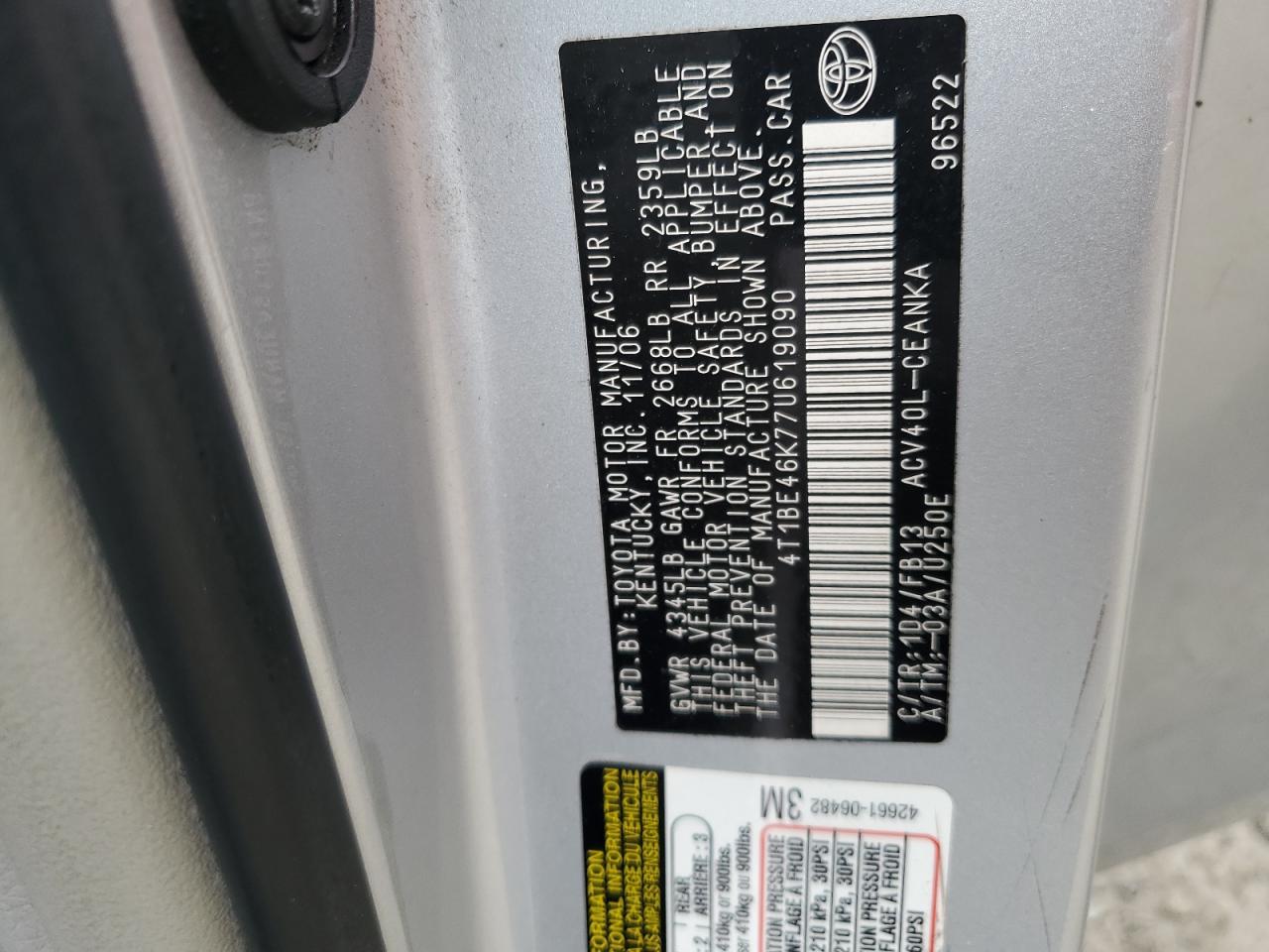 2007 Toyota Camry VIN 4T1BE46K77U619090 Copart auction photo, rear end damage thumbnail 12